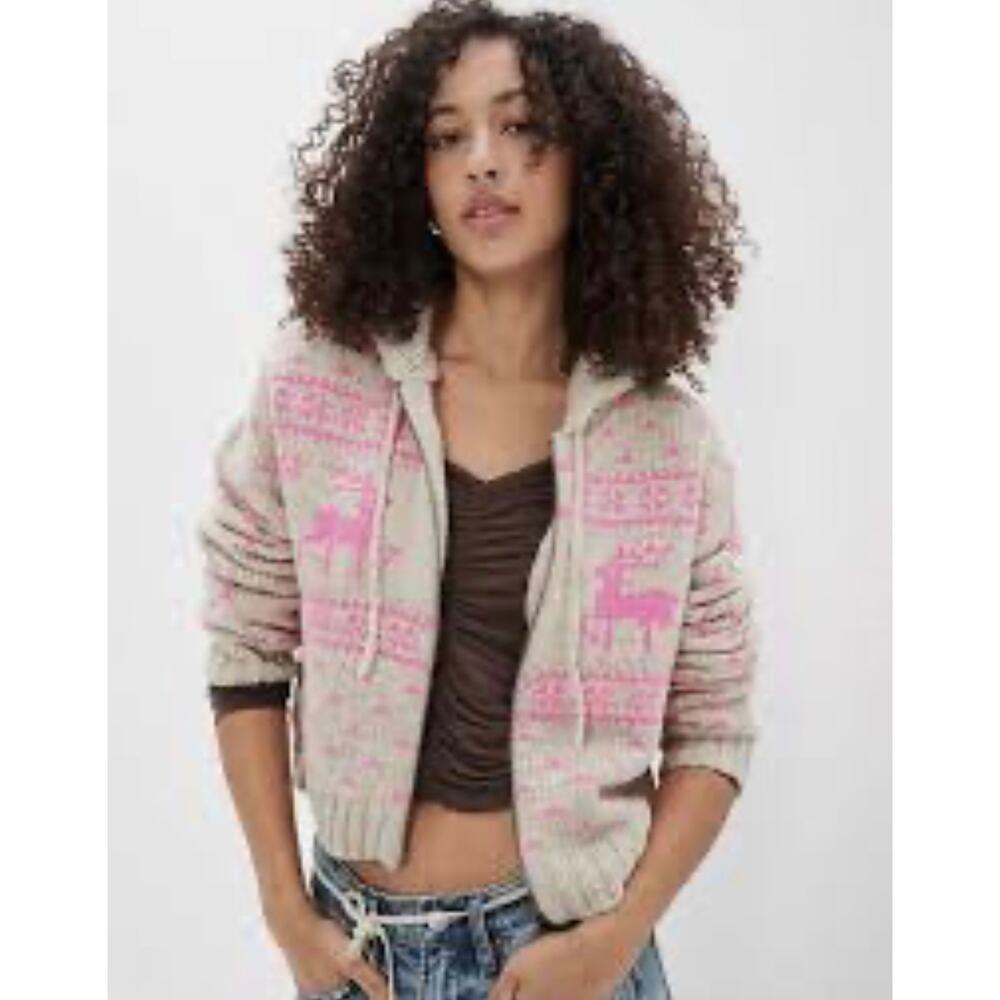 American Eagle M Full Zip Fleece Hoodie Elk Deer Fair Isle Crop Cardigan Sweater